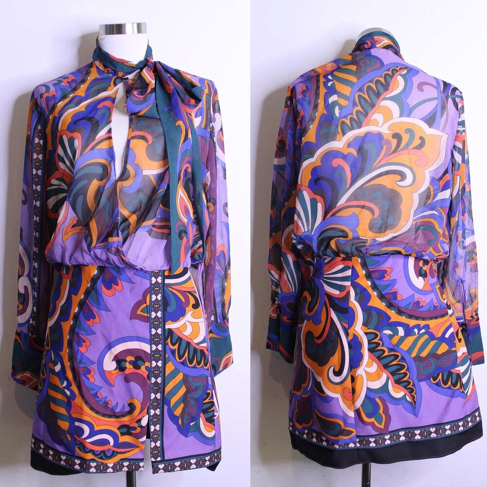 Zara Purple Orange Multicolor Paisley Tie-Neck Dress